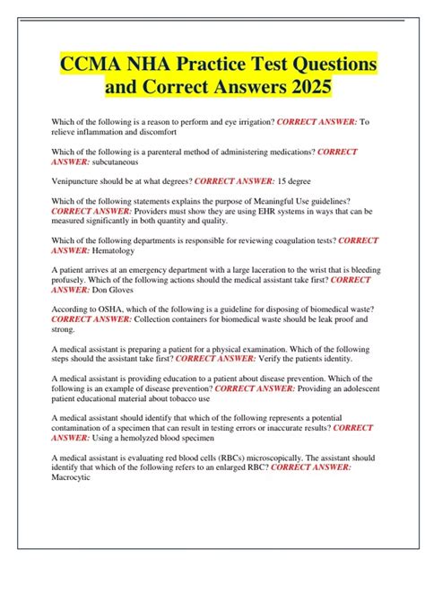 CCMA NHA Practice Test Questions and Correct Answers 2025 - CCMA NHA Practice - Stuvia US