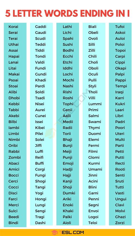 5 Letter Words Ending in I (424 Words in English) • 7ESL