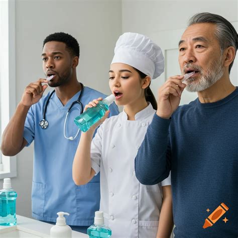 A doctor, a chef, and an older man brush their teeth and use mouthwash ...