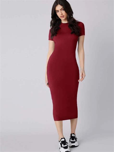 Mulvari Burgundy Red Solid Bodycon Casual Dress | SHEIN USA