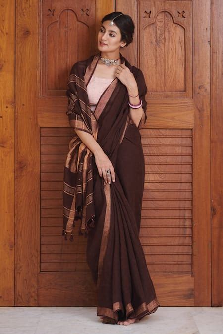 Buy Maroon 100% Handloom Linen Handwoven Striped Aparna Saree For Women ...