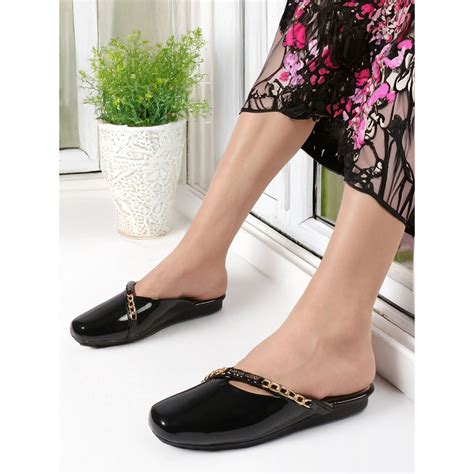 Buy Carlton London Womens Glossy Chain Detail Comfort Mules - Black Online
