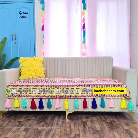 Neon Yellow Pink Jacquard Woven Fabric Sofa cover with Multi Tassels ...