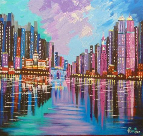 "Mumbai Skyline": Red Violet Acrylic Painting by Purnima Gupta ...
