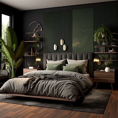 Sophisticated Black Bedroom with Wooden and Green Accents | Modern Home ...