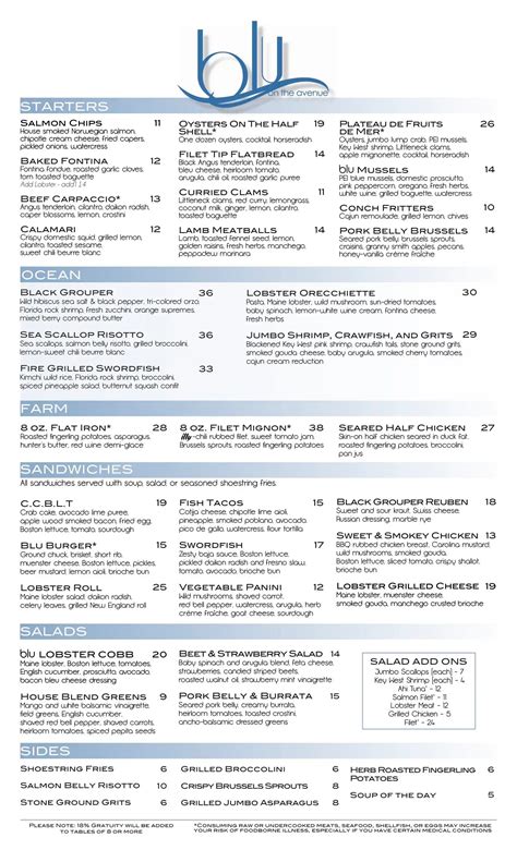 Menu at blu on the avenue restaurant, Winter Park, 326 S Park Ave