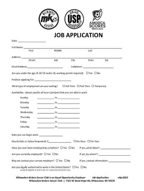 Fillable Online Job Application for Milwaukee Kickers Soccer Club ...
