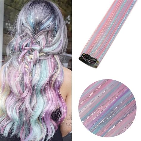 Unicorn Clip in Colored Hair Extensions Mixed Silver Tinsels Synthetic ...