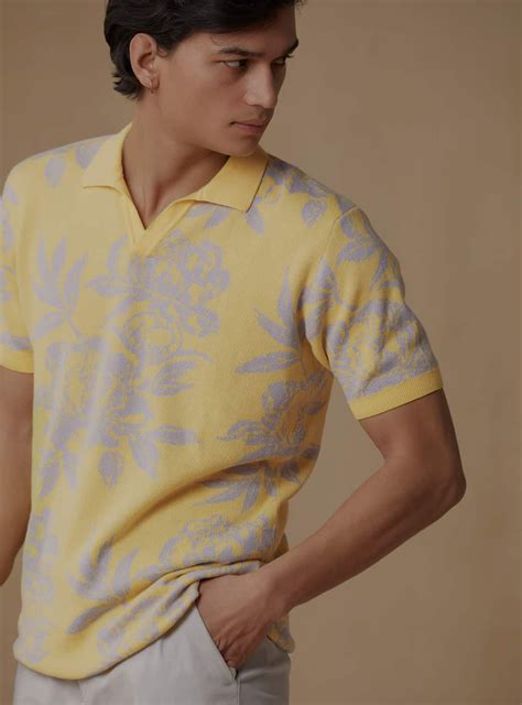 Canary Floral Polo Casual Yellow Jacquard Polo for Men Online | Andamen