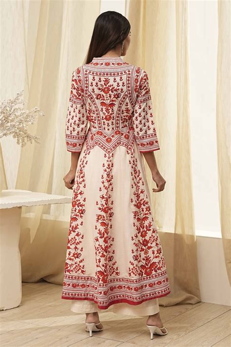 Buy White and Rust Cotton Printed Anarkali Kurta Set Online at Biba India