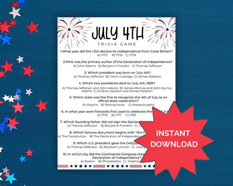 4th of July Trivia Printable | 4th of July Trivia Games | 4th July ...
