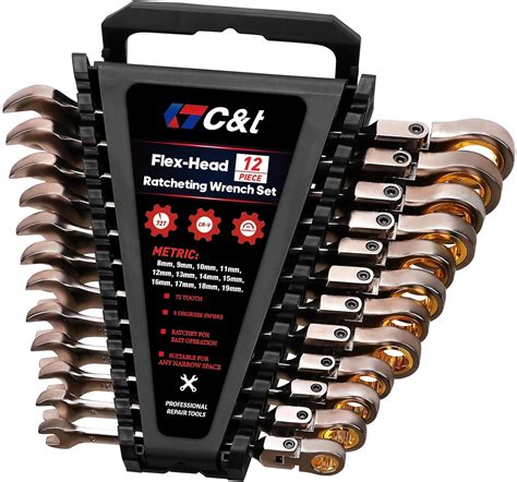 C&T 12-Piece 180° Metric Flex-Head Ratcheting Wrench Set | 8-19 mm ...