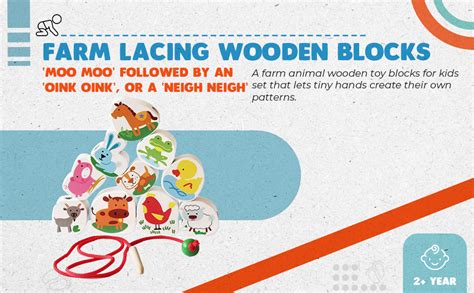 shumee Farm Animals Wooden Lacing & Stacking Educational Blocks for Pre ...