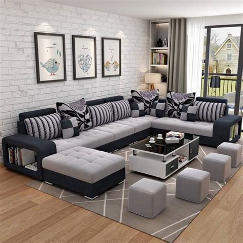Torque Allister U Shape 9 Seater Fabric Sofa Set with 4 Square Puffy ...