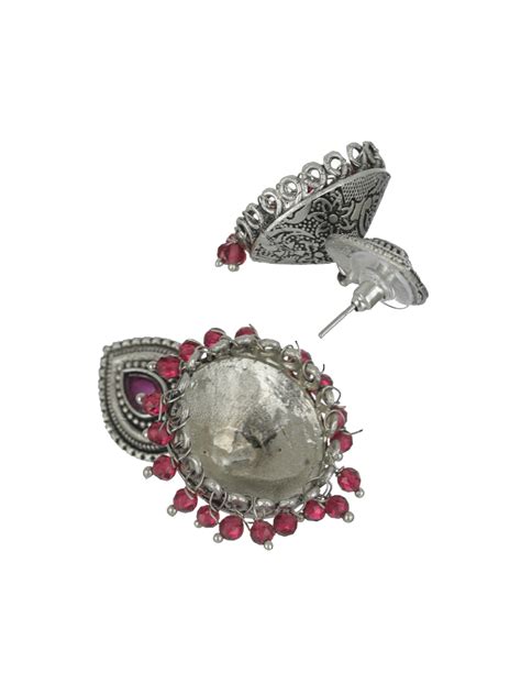 Priyaasi Red Studded Floral Oxidised Silver Jhumka Earrings