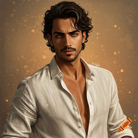 Portrait of a young man with dark curly hair and beard in a blue shirt ...