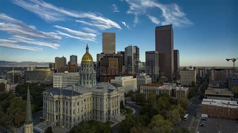 Aerial View of Denver Skyline and State Capitol Dome at Sunset ...