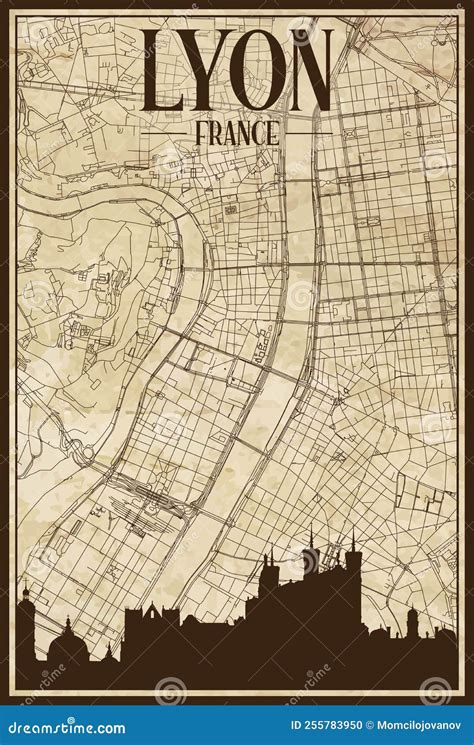 Framed Downtown Streets Network Printout Map Of LYON, FRANCE Vector ...