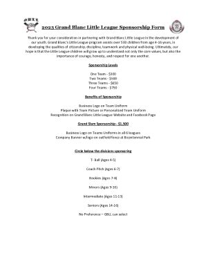 Fillable Online 2023 Grand Blanc Little League Sponsorship Form Fax ...