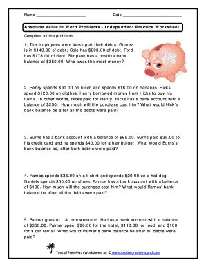 Absolute Value in Word Problems Worksheet - Blank Fillable Template ...