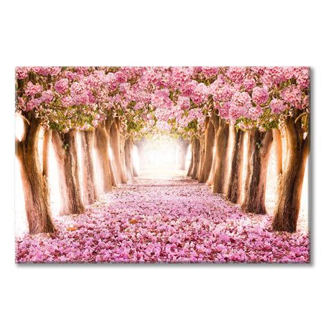 Pink Flower Picture Wall Art: Forest Tree Path Artwork Landscape ...