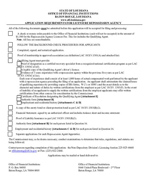 Fillable Online Application Requirements for Licensure Repossession ...