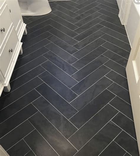 Black Slate Herringbone Tile Floor | Herringbone tile floors, Black ...