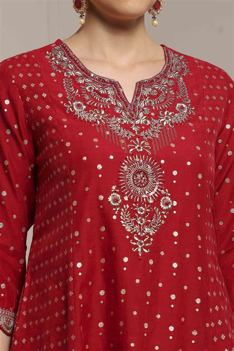 Buy Red Cotton A-Line Yarndyed Suit Set Online at Biba India