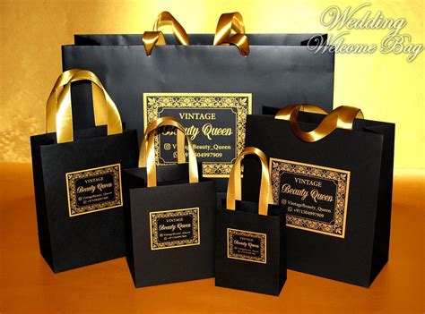 Black gold custom logo gift bags with ribbon handles promotional bags merchandise bags paper ...