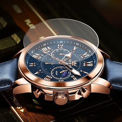 Olevs Men's Business Watch Glow-In-The-Dark Small Three-Pin Moon Phase ...