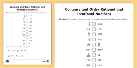 Eighth Grade Compare and Order Rational and Irrational Numbers Worksheet