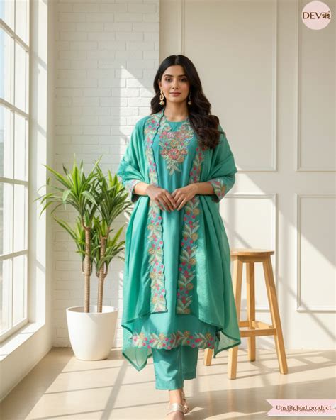 Teal Green Roman Silk Embroidered Unstitched 3-Piece Suit (Devri – D.N