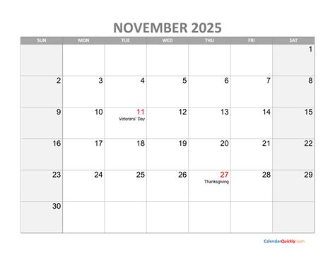 November Calendar 2025 with Holidays | Calendar Quickly