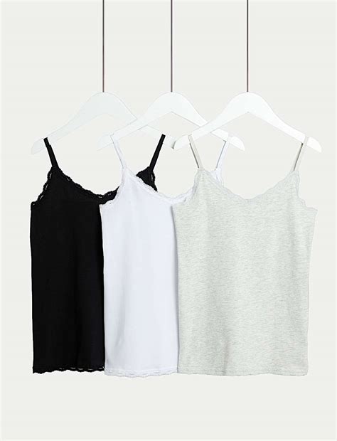 Buy 3pk Cotton with Stretch Lace Trim Cami Tops (5-14 Yrs) at Marks ...