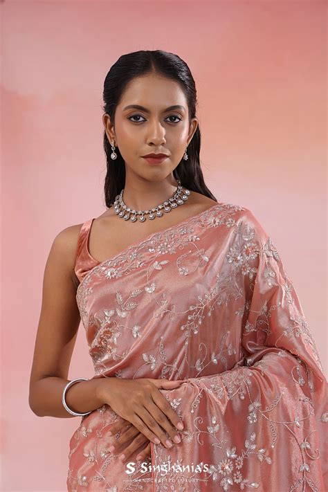 Old Rose Red Georgette Tissue Saree With Scallop Border| Singhania's