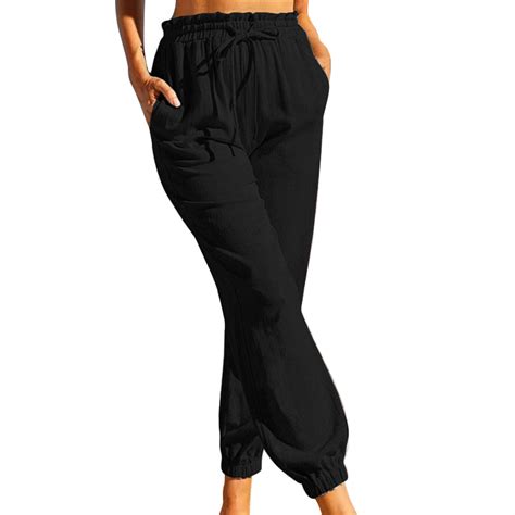 Womens Pants Elastic Waist Solid Comfy Cotton with Pockets Pant ...