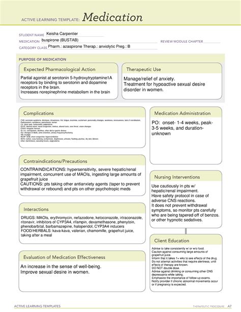 Buspirone - ATI Med card - ACTIVE LEARNING TEMPLATES THERAPEUTIC PROCEDURE A Medication STUDENT ...