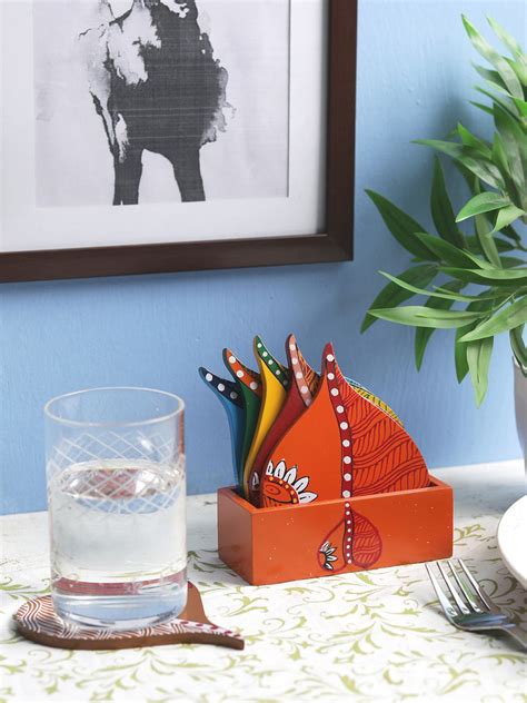 VarEesha Hand Painted Peepal Leaf Wooden Coasters Set of Six