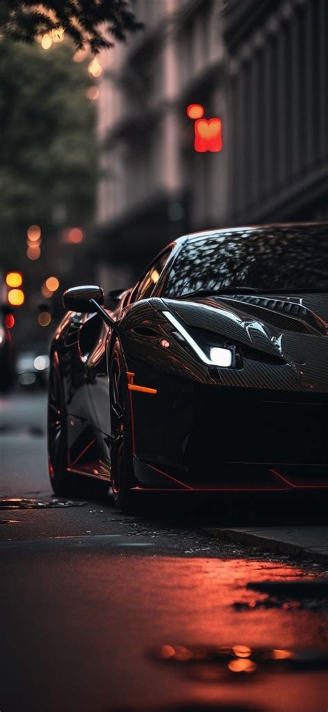 Sleek black sports car with neon accents on a wet city street at night | 4K Wallpaper for Mobile - free by flixSRkh