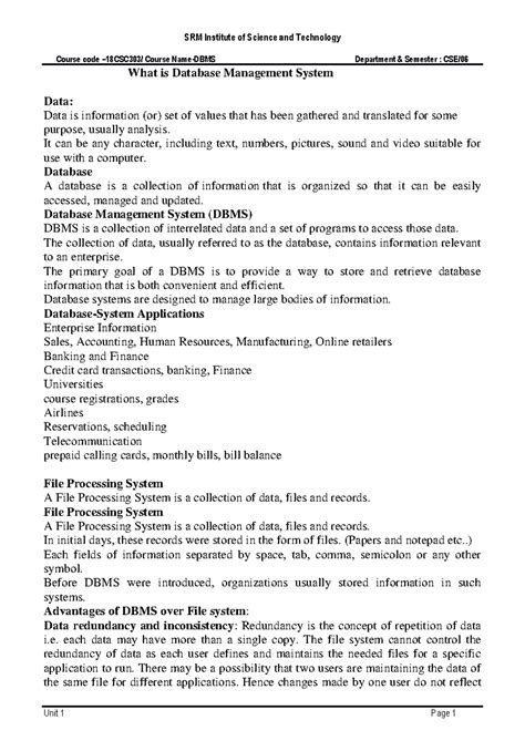 Unit I -Material - SRM Institute of Science and Technology Course code ...