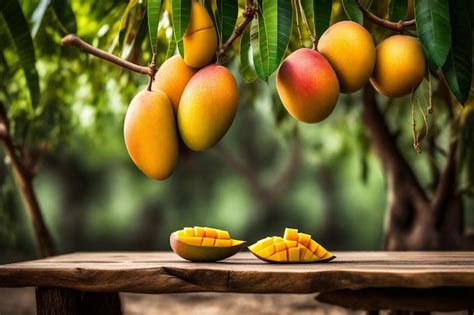 A bunch of mangoes are hanging from a tree | Premium AI-generated image