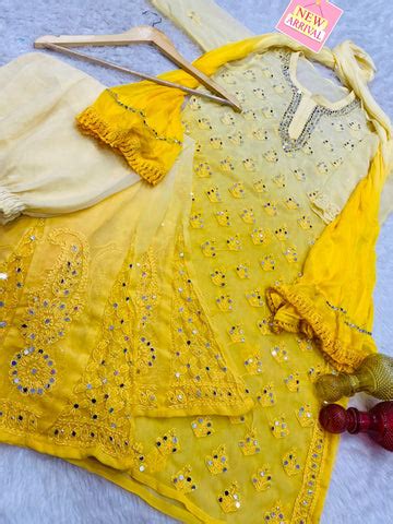 Yellow Mirror Work Sharara Set | Shop Lucknowi Chikankari Sharara Set