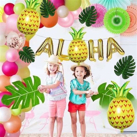 58pcs ALOHA Theme Party Decoration Pineapple and Gold Letter Foil ...
