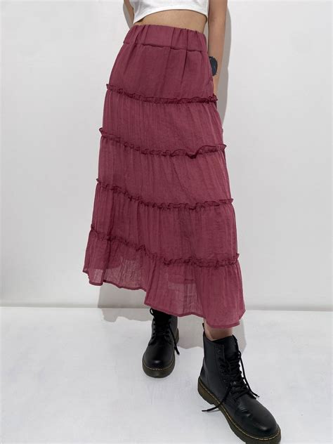 Emmiol Free shipping 2026 Tiered Ruffle Maxi Skirt Brown S in Skirts ...