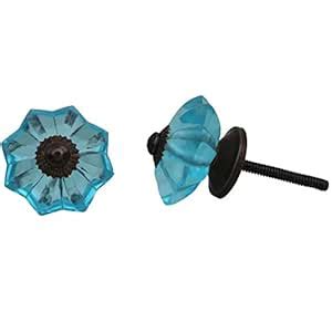 Indian-Shelf 2 Piece Glass Turquoise Marigold Flower Drawer Knobs for ...