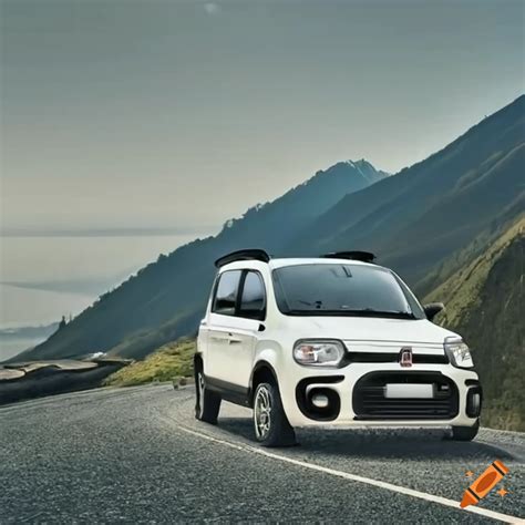 Stylish white fiat panda driving on winding mountain roads on Craiyon