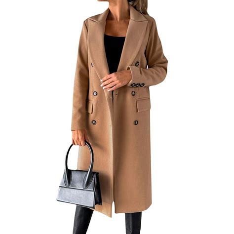 Womens Fall Winter Wool Blend Pea Coat Elegant Notch Lapel Double ...