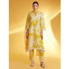 White Yellow Printed Cotton Kurta with Pants - Set of 2