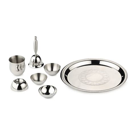 Buy Silver Stainless Steel Pooja Thali Small (Set of 7) Online in India ...