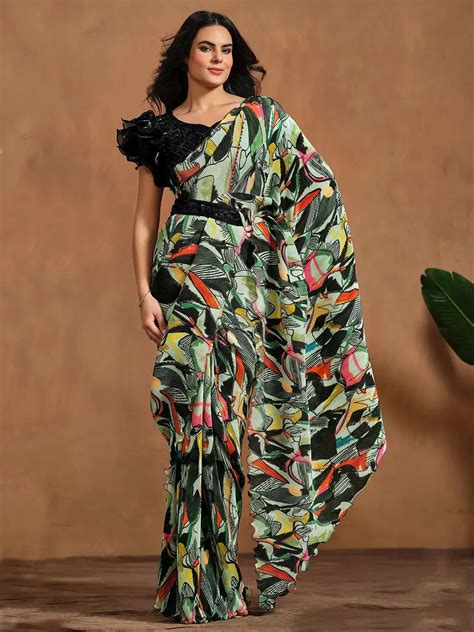 Light Green Satin Silk Ready To Wear Saree with Handwork & Digital ...